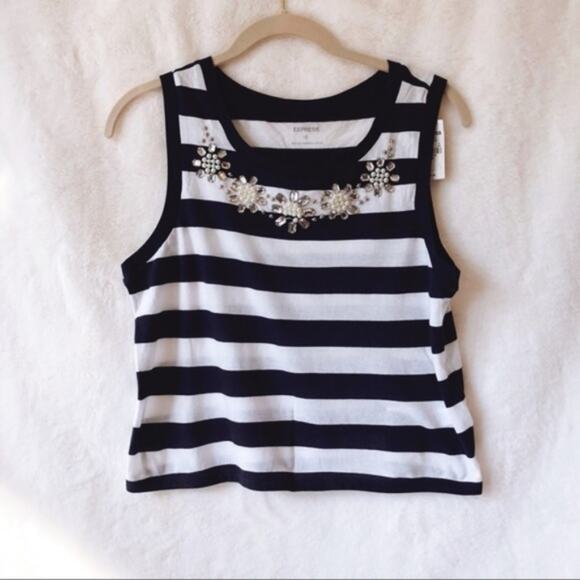 Express Tops - Express Embellished Blue Collar Striped Crop Top